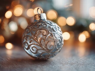 Close-up of a glass ornament with intricate silver filigree, bokeh Christmas lights in the background, macro detail, cool tones, high clarity