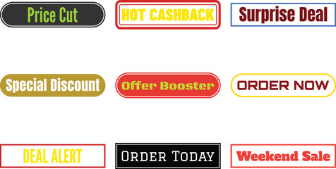 Nine colorful buttons with sales text isolated on transparent background