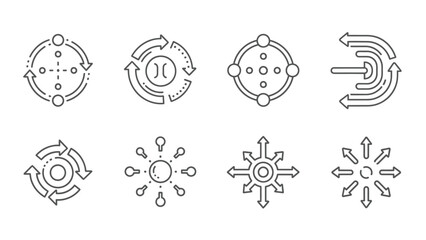 Collection of eight black outline icons representing process flow cycle iteration connection and directionality concepts clearly displayed