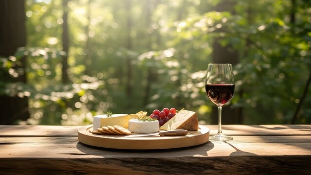 Mesa de madera vac&iacute;a sobre fondo verde borroso del parque natural, exhibici&oacute;n de productos, mesa de madera vac&iacute;a y bokeh desenfocado y fondo borroso de &aacute;rboles de jard&iacute;n con luz solar.
 plantilla de v