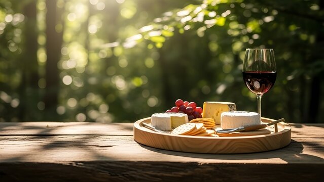 Mesa de madera vac&iacute;a sobre fondo verde borroso del parque natural, exhibici&oacute;n de productos, mesa de madera vac&iacute;a y bokeh desenfocado y fondo borroso de &aacute;rboles de jard&iacute;n con luz solar.
 plantilla de v