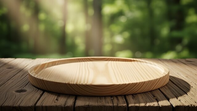 Mesa de madera vac&iacute;a sobre fondo verde borroso del parque natural, exhibici&oacute;n de productos, mesa de madera vac&iacute;a y bokeh desenfocado y fondo borroso de &aacute;rboles de jard&iacute;n con luz solar.
 plantilla de v