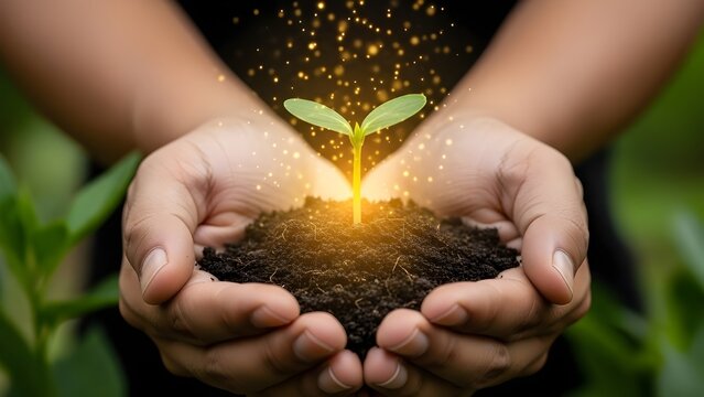 Manos ahuecando suavemente una hoja verde brillante con una chispa de luz en el interior que simboliza el potencial de renovaci&oacute;n, crecimiento y medio ambiente. La imagen representa los conceptos del