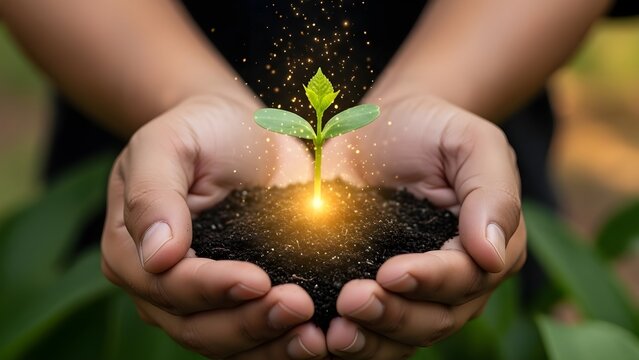 Manos ahuecando suavemente una hoja verde brillante con una chispa de luz en el interior que simboliza el potencial de renovaci&oacute;n, crecimiento y medio ambiente. La imagen representa los conceptos del