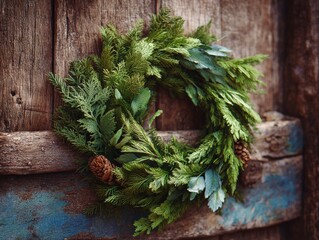 Evergreen wreath resting on a rustic wooden door, natural textures, subdued colors, high detail