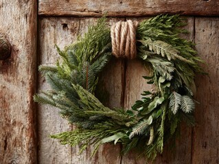 Evergreen wreath resting on a rustic wooden door, natural textures, subdued colors, high detail
