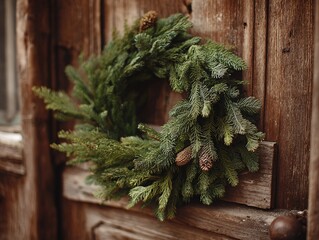 Evergreen wreath resting on a rustic wooden door, natural textures, subdued colors, high detail