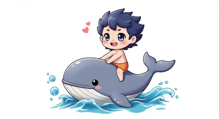 元気いっぱいの青い髪のちび少年が大きな笑顔のクジラに乗って輝く水しぶきを上げながら波間を軽やかに進む幸福感溢れる幻想的なアニメーションイラスト. AI Generated