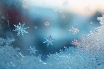 Frosted window pane with subtle snowflakes, diffused light, cool color palette, texture detail