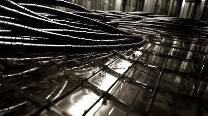Naklejka premium Close Up of Coiled Industrial Cables on a Geometric Surface
