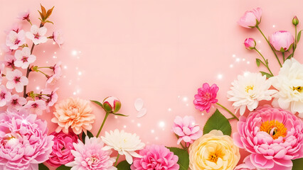 Fototapeta premium Colorful floral arrangement on pastel pink background with sparkles 