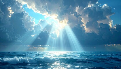 Breathtaking scene of sunbeams piercing through fluffy clouds over shimmering ocean waters in a bright, serene atmosphere