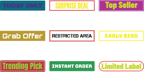 Six colorful promotional badges featuring bold text for marketing and sales offers