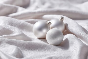 Minimalist Christmas baubles on white silk fabric, gentle reflections, spa-like lighting