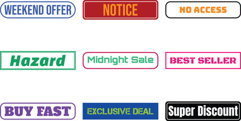 Collection of colorful promotional badges featuring weekend offers notices hazards midnight sales best sellers exclusive deals and super discounts on white background