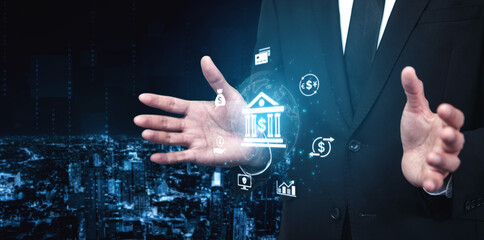 Concept of digital banking and global financial services. A network of secure online transactions, currency exchange, and money management for the international economy. Fermion