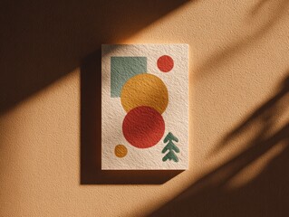 Minimalist New Year greeting card on a textured paper background with elegant typography and color-block embellishments, clean shadows