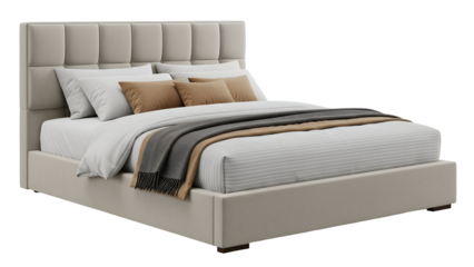 A modern upholstered bed with a beige fabric headboard and soft neutral bedding