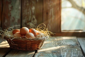Rustic wicker basket filled with fresh brown organic eggs resting on straw, placed on a weathered wooden table.