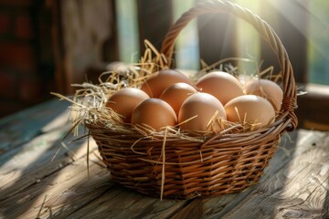 Rustic wicker basket filled with fresh brown organic eggs resting on straw, placed on a weathered wooden table.