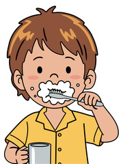 Little boy brushing his teeth with toothpaste foam on his face, holding a cup. Oral hygiene routine for healthy habit.