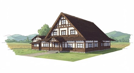 日本の雄大な田園風景に美しく佇む伝統的な古民家 緑豊かな自然に囲まれ堂々とした佇まいを見せる合掌造り風の家屋 穏やかな光が降り注ぎ懐かしさを感じるイラスト. AI Generated