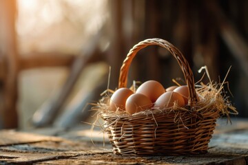 Rustic wicker basket filled with fresh brown organic eggs resting on straw, placed on a weathered wooden table.