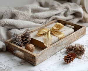 Obraz premium Rustic wooden tray with gold ribbon and pine cones, neutral palette