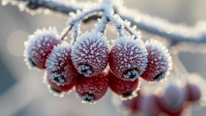 Frozen red berries on branch winter frost