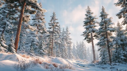 Snow-covered pine forest under a pale blue winter sky, soft sunlight filtering through trees, ultra-realistic landscape