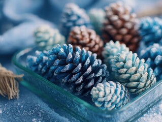 Snow-covered pinecones arranged on a glass tray, macro shot, crisp details, cool color palette