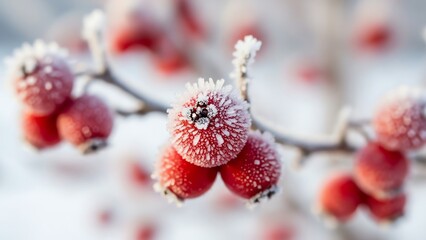 Frozen red berries on branch winter scene