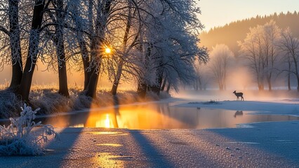Frozen trees and deer near lake at sunrise