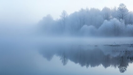 Fototapeta premium Frozen trees reflecting in misty lake