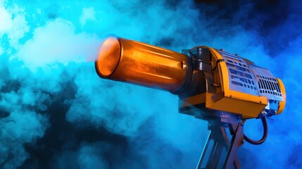 A portable fogging machine in action emitting a dense cloud of disinfectant mist for widespread sanitation purposes against blue and teal lighting