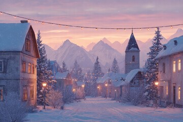 Snowy village scene silhouette with Christmas lights, twilight atmosphere, ultra-realistic landscape