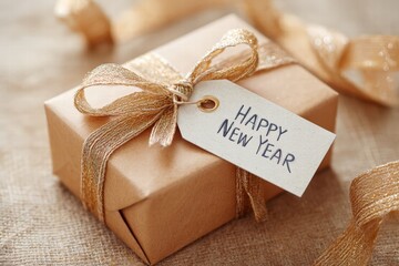 Studio shot of a wrapped gift box with a 'Happy New Year' tag, metallic ribbon, subtle reflections, crisp textures