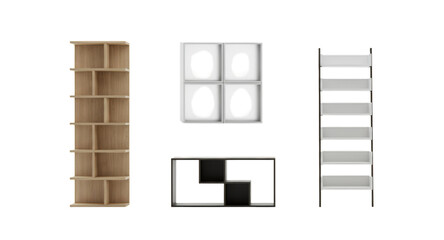 Set of various modern bookcases and shelving units for interior design, isolated on a black background. 3D rendering.