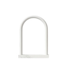 3D render of a modern white arched frame with a marble base, isolated on black.