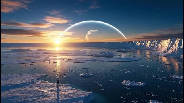 Earth. Flat planet. Iceberg landscape. Arctic scenery. Frozen ocean. Sunset with planet Earth in the background. Ice floes. Glacial water. Blue sky with clouds. Natural scenery. Landscape