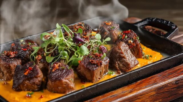 A sizzling platter of tender beef cubes garnished with fresh herbs and spices, served on a wooden board, with steam rising and a warm atmosphere enhancing the dining experience
