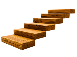 Wooden staircase steps with brown color on transparent background