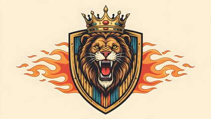 Obraz premium Ferocious roaring lion wearing a royal crown on a blazing shield surrounded by flames, symbolizing power, dominance, bravery, and sovereign strength