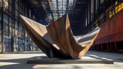 A large abstract metal sculpture with twisted and gnarled form suggesting organic shapes displayed in a vast industrial space