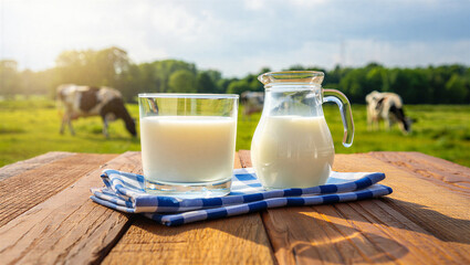 Glass of milk and pitcher on a wooden table with cows grazing in a green pasture