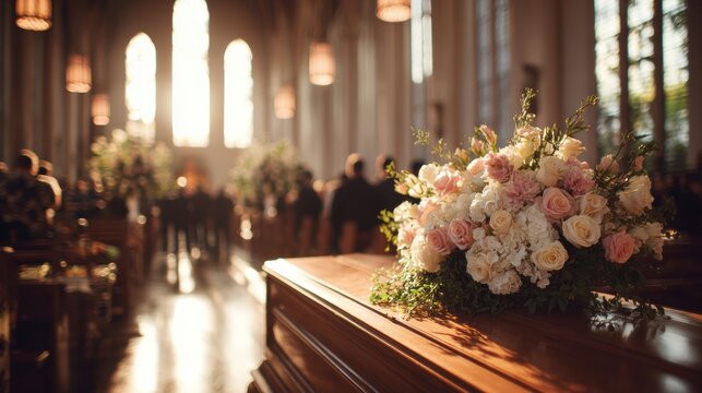 Funeral service in a church with flowers arranged on a wooden coffin.