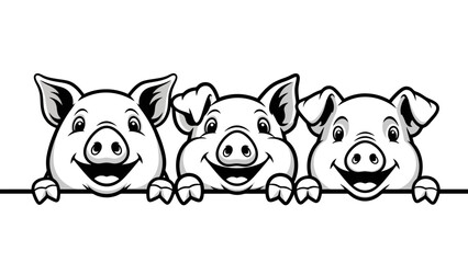 Three Cute Cartoon Pigs Peeking Over a White, Vector Illustration