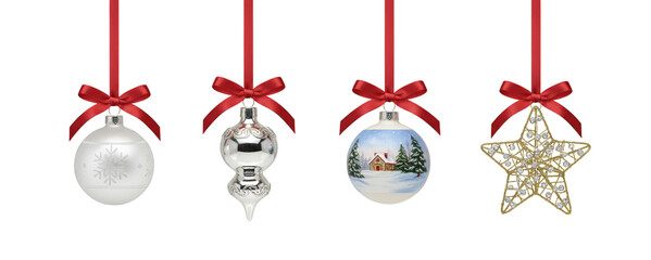 Set of Christmas ornaments hanging on red ribbons. Festive holiday decorations including baubles and star shapes, isolated on white background, perfect for winter, celebration and New Year design.