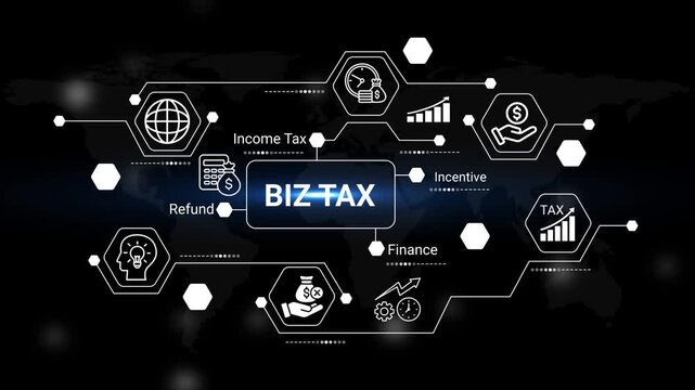 this image depicts a complex network of interconnected hexagonal icons representing business tax concepts including income tax refund finance and incentive programs high quality professional detailed