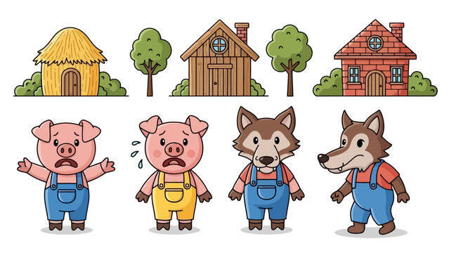Three Little Pigs and Big Bad Wolf with Houses, Cartoon Vector Illustration